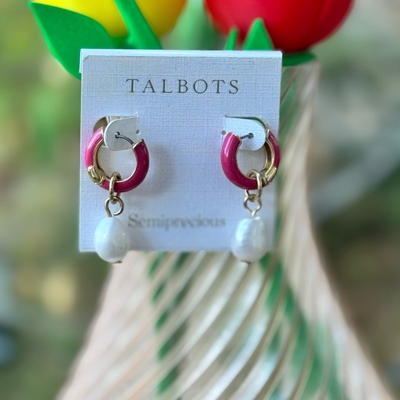 💗 Talbots Pink Hoop & Pearl Drop Earrings - Picture 5 of 6